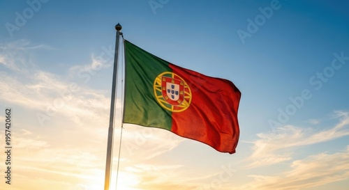 Portuguese flag waving against a blue sky with clouds at sunset