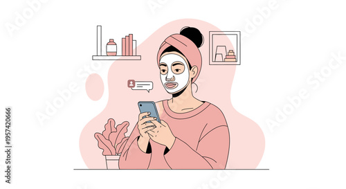 Woman with face mask using smartphone, self-care routine, beauty, relaxation, modern lifestyle