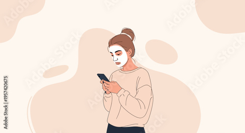 Woman with face mask using smartphone, self-care routine, relaxed home lifestyle