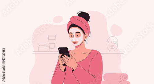 Woman with face mask using smartphone, self-care routine, beauty, relaxation, modern lifestyle
