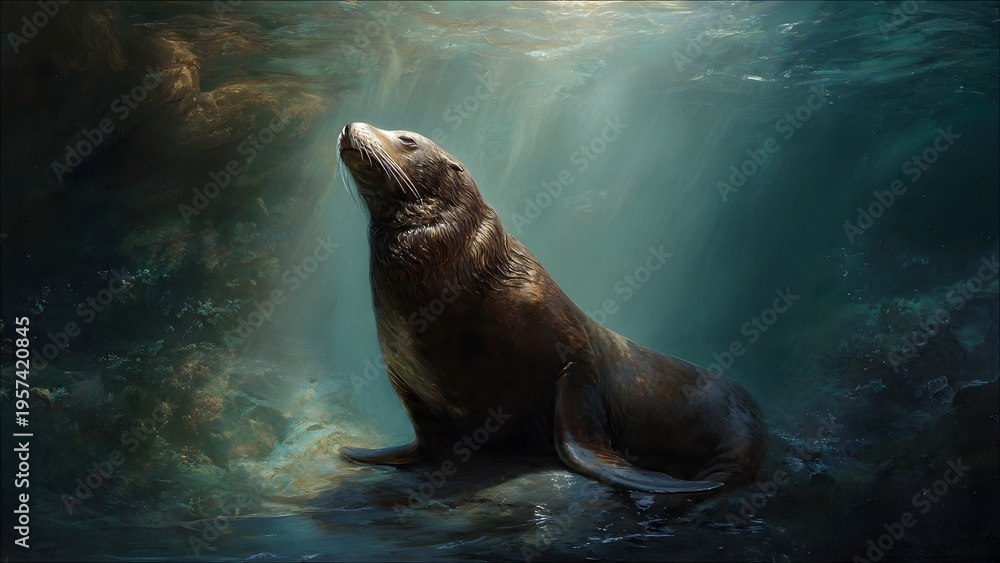 Fototapeta premium Sea lion emerges from dark ocean depths into sunlit water
