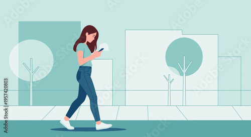 Young Woman Walking Outdoors Texting on Smartphone in City Park