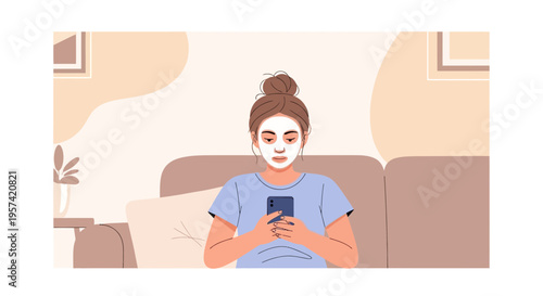 Young woman with face mask using smartphone on sofa, self-care routine at home