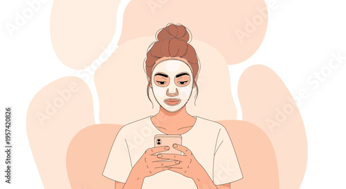 Young woman with face mask using smartphone, self-care and relaxation at home