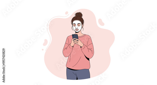 Young Woman With Face Mask Using Smartphone, Relaxing at Home