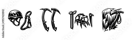 Mountaineering equipment silhouette vector illustration of helmet, ice axes, screws, and crampons