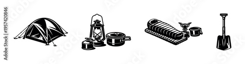 Black and white camping equipment illustration featuring tent, lantern, and shovel elements