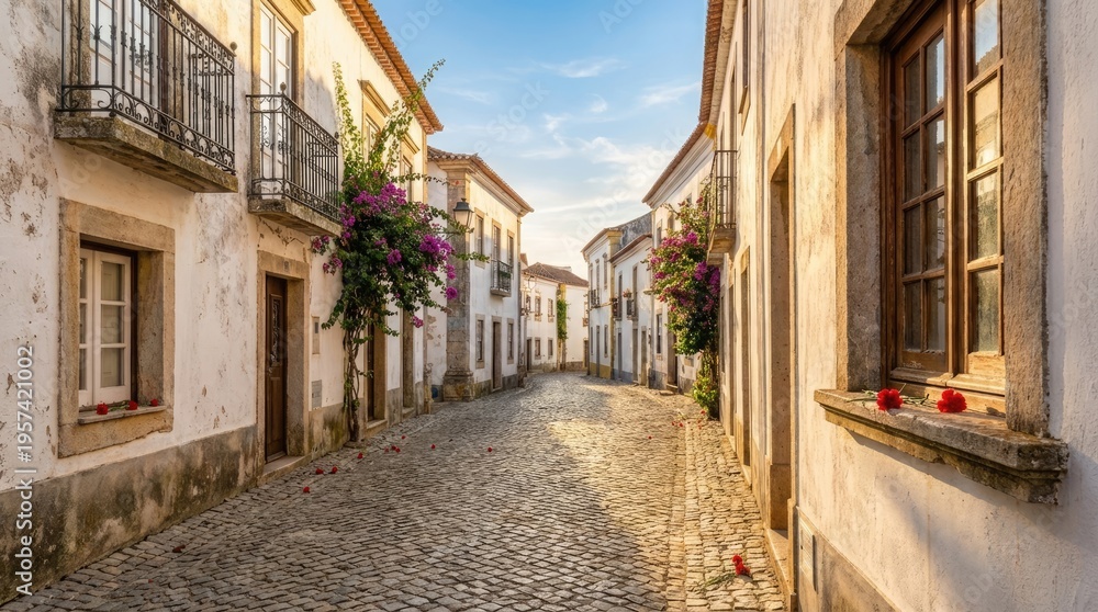 Fototapeta premium Charming cobblestone street with white buildings and purple bougainvillea in Portugal