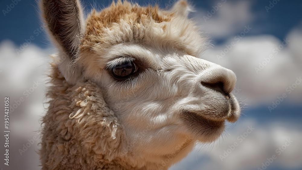 Naklejka premium Close-up Portrait of a Fluffy Alpaca Face with Soft Blue Sky Background