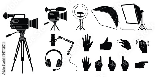 Video production equipment set with professional camera tripod lighting softbox and microphone