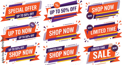 Collection of Dynamic Sale Banner Ribbons Featuring Special Offer Labels, Fifty Percent Off Discount Tags, and Shop Now Badges for E-commerce Retail Promotions