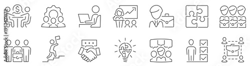 Business people icon set. Office management icons. Leadership. Career. Human resources. Workshop. Editable stroke. Vector illustration