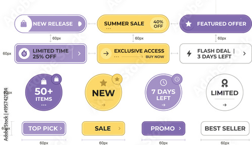 Modern UI UX Web Button Set with Summer Sale Banners, Promotional Badges, Flash Deal Labels, and New Release Icons for Mobile App Interface Design