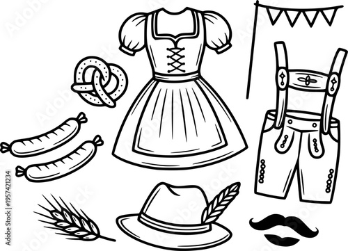 Bavarian Oktoberfest traditional costume dirndl lederhosen pretzel sausages hat mustache