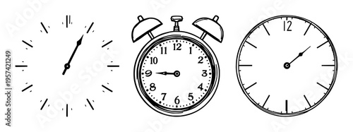 Clock face set with clean line art design featuring analog clocks, time zones, timekeeping with white background and vector illustration