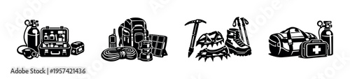 Collection of black and white hiking and camping gear elements including backpack boots and first aid kit