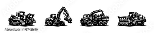 Heavy construction vehicles silhouette set, vector illustration, industrial equipment clipart