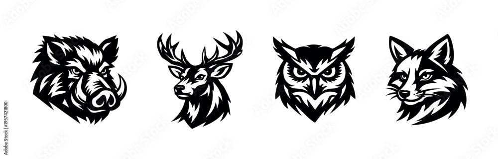 Obraz premium Four animal head silhouettes in black and white featuring boar deer owl and fox vector illustration