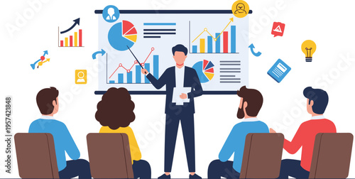 Business presentation with analytics charts and team audience, corporate training and strategy discussion concept flat vector illustration