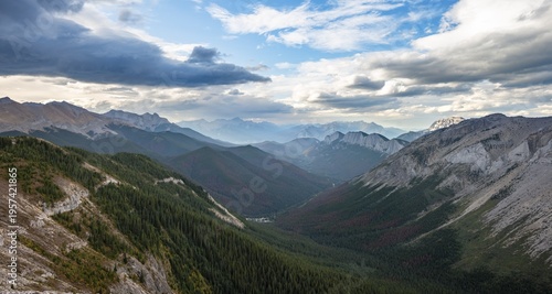 View into forested valley, mountain peak and Ashlar Ridge in the back, Sulphur Skyline Trail, Jasper National Park, Alberta, Canada