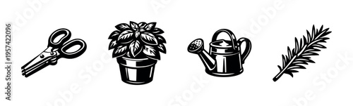 Black and white silhouette of gardening tools and potted plant vector illustration