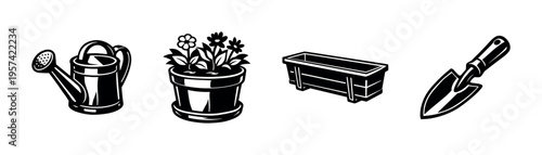 Black and white gardening tools and elements silhouette vector illustration
