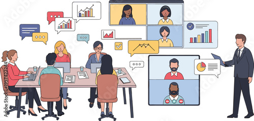 Business meeting with video conference and analytics charts, remote collaboration and strategy planning concept flat vector illustration