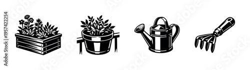 Black and white gardening tool and plant silhouette vector illustration