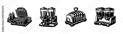 Black and white vector illustration of kitchen appliances including waffle maker, cereal dispensers, bread slicer, and beverage dispensers