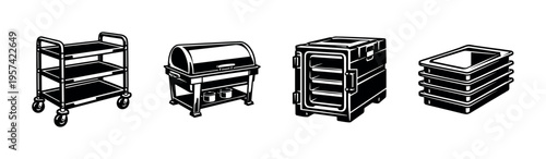 Black and white vector illustrations of kitchen equipment and storage items