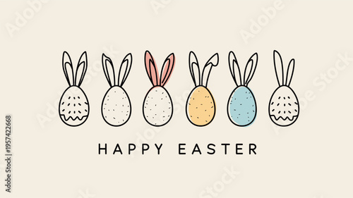 Easter eggs with bunny ears and Happy Easter text. Happy Easter greeting card. Pastel colored eggs with bunny ears and Happy Easter text, celebrating spring holiday
