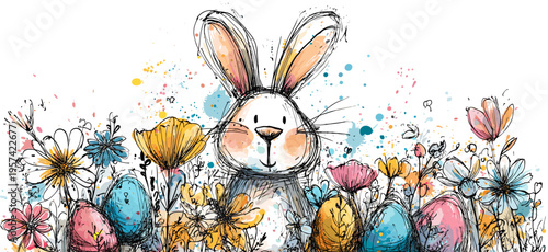 Easter bunny holding decorated eggs and spring flowers wallpaper. Whimsical Easter bunny holding colorful decorated eggs and spring flowers in hand-drawn doodle style