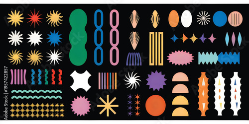 A collection of colorful abstract shapes and symbols arranged on a solid black background design