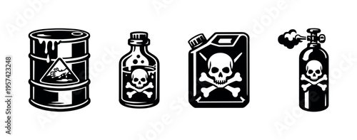 Vector illustration of toxic containers and bottles with skull and crossbones icons in black and white silhouette