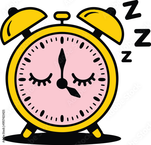Cartoon alarm clock with closed eyes and zzz symbols representing sleep and rest isolated on transparent background