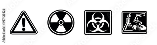 Black and white hazard warning symbols silhouette vector illustrations