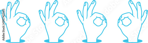 Vector illustration of four cyan hands making ok sign