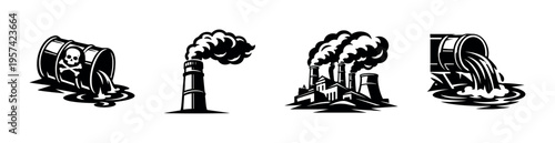 Industrial pollution icons, toxic waste barrel, factory smoke stacks, silhouette vector illustration