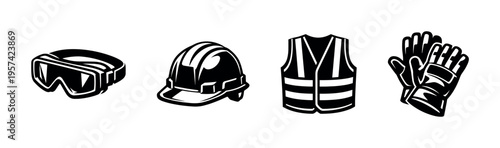 Safety gear illustration featuring helmet goggles gloves and vest in black and white vector style