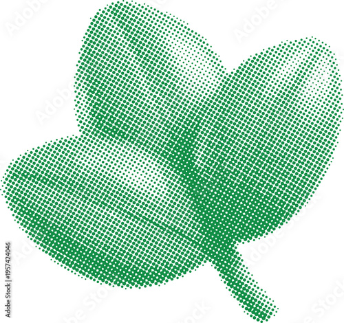 Green leaf made of small dots on white background halftone effect illustration of plant foliage detailed texture and veins