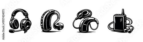 Black and white vector illustration of headphones and earphone devices silhouette