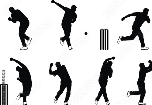 Cricket bowler silhouette sequence, bowling action stages, sports illustration, cricket stumps, athletic motion, training concept, coaching guide, dynamic movement, fitness, technique