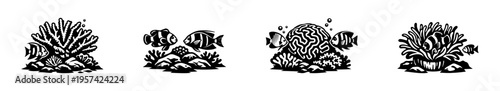 Black and white underwater coral reef silhouettes with fish and marine elements vector illustration