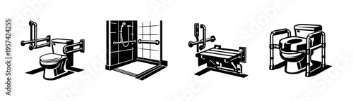 Black and white vector illustrations of accessible bathroom fixtures and safety equipment