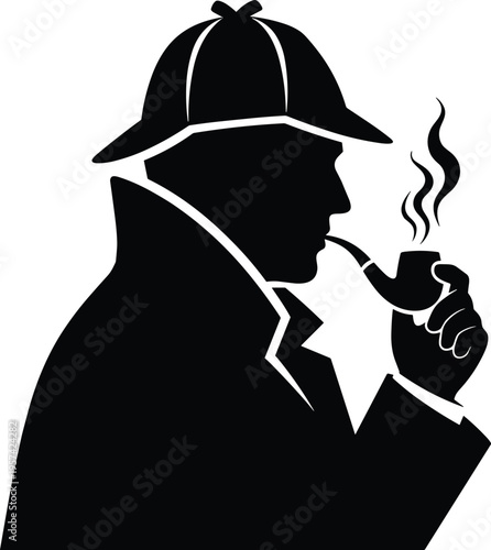 Detective silhouette, smoking pipe, trench coat, mystery figure, Sherlock Holmes style, investigation concept, crime solving, logical reasoning, iconic character, noir art