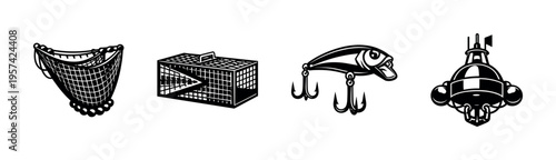 Black and white vector set of fishing gear illustrations with net trap lure and submarine