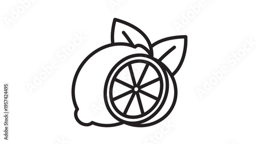 Lemon icon with leaf and slice, simple line art representing freshness and natural citrus. featuring fruit, illustration, fresh with healthy and