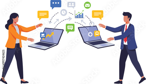 Business communication concept with people exchanging data between laptops, digital collaboration and analytics flat vector illustration