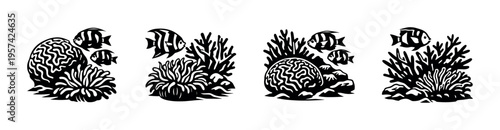Black and white silhouette of underwater coral reef and fish vector illustration, marine life clipart