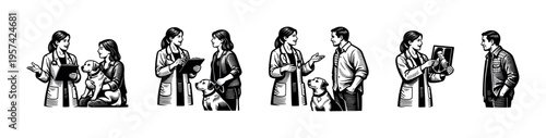 Veterinarian consultation with pet and owner clipart, black and white silhouette illustration